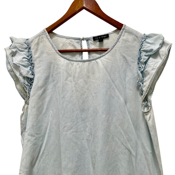 As U Wish Dresses & Skirts - AS U Wish Women's‎ Ruffle Sleeve Chambray Dress - Light Wash, Casual